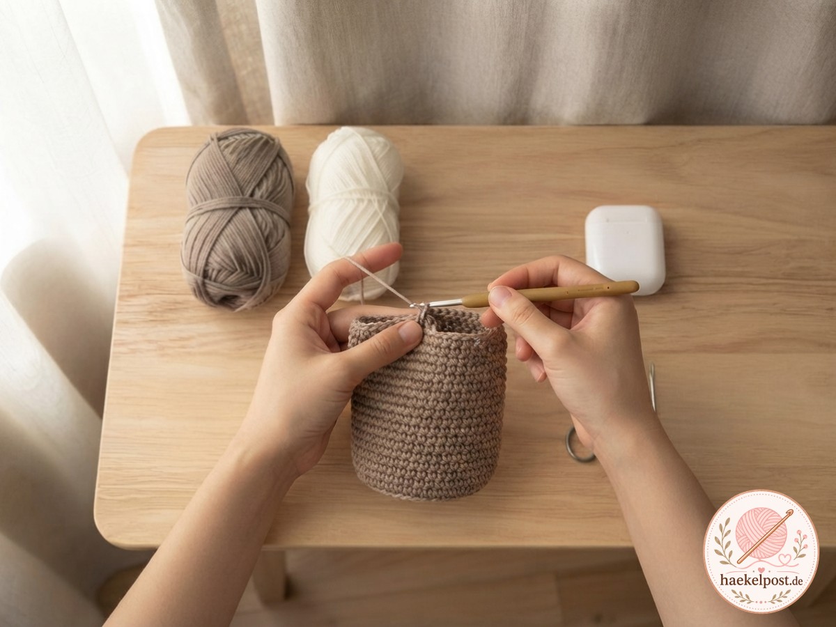 Die Wände des Körbchens wachsen in Spiralrunden taupefarben rund um das AirPods Case heran.