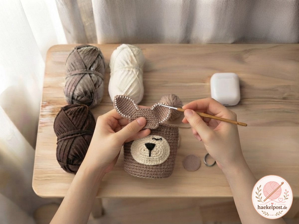 Die Geweih-Klappe mit weißen Perlpunkten wird für das AirPods Case Körbchen fertig gehäkelt.