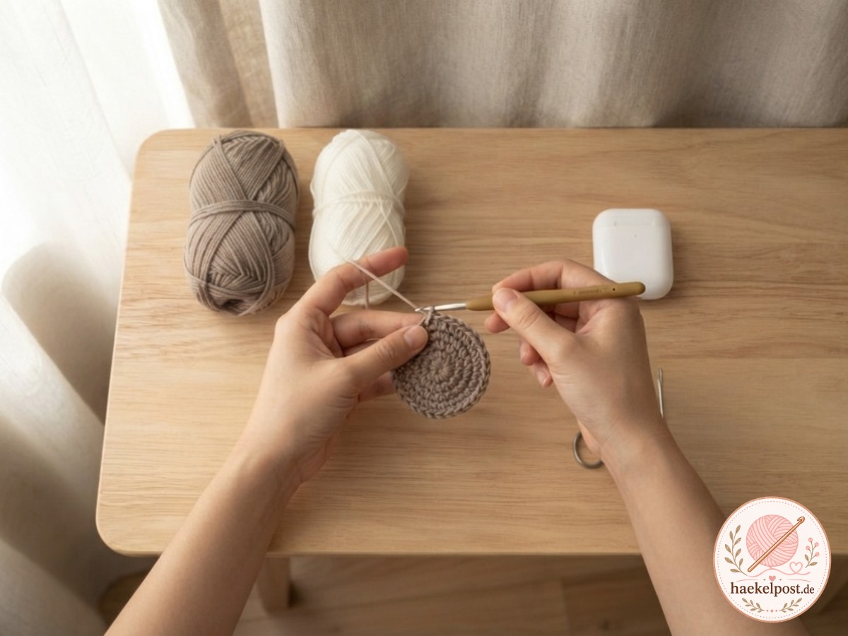 Der Boden für das AirPods Case entsteht als kleiner brauner Kreis in festen Maschen im Fadenring.