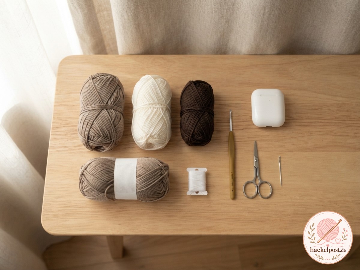 Wolle in Taupe, Creme und Dunkelbraun liegt bereit, bevor das AirPods Case Körbchen gehäkelt wird.