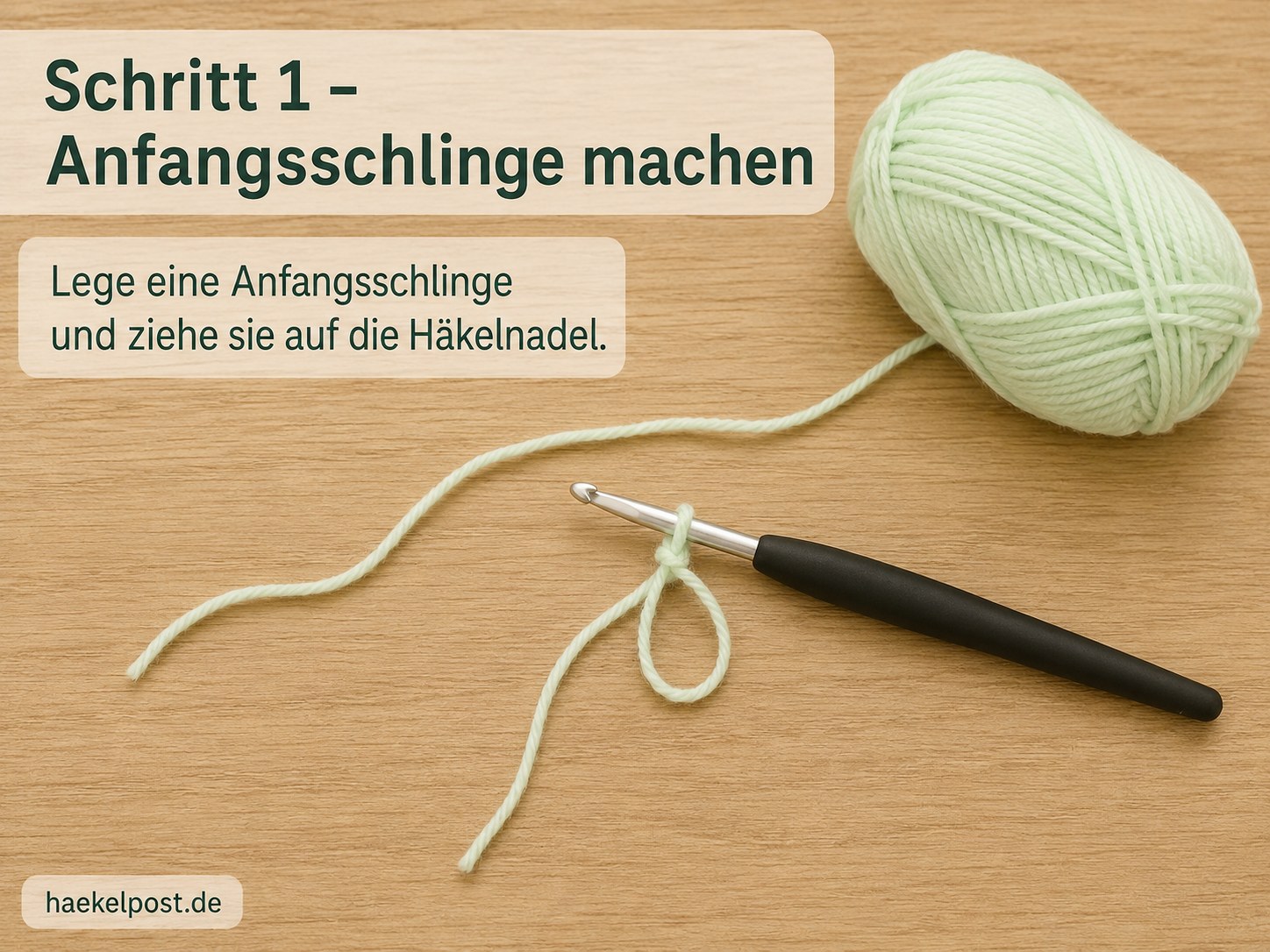 Anfangsschlinge für die Babydecke häkeln Anfänger Anleitung, Garn locker auf die Nadel gezogen