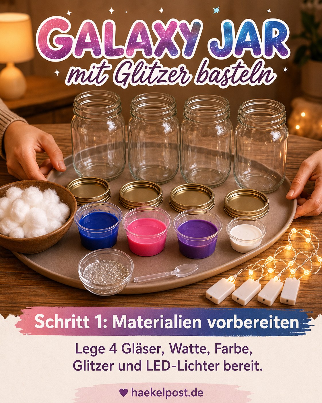 Materialien zum Galaxy Jar mit Glitzer basteln: Gläser, Watte, Farbe und LED-Lichter bereitgestellt