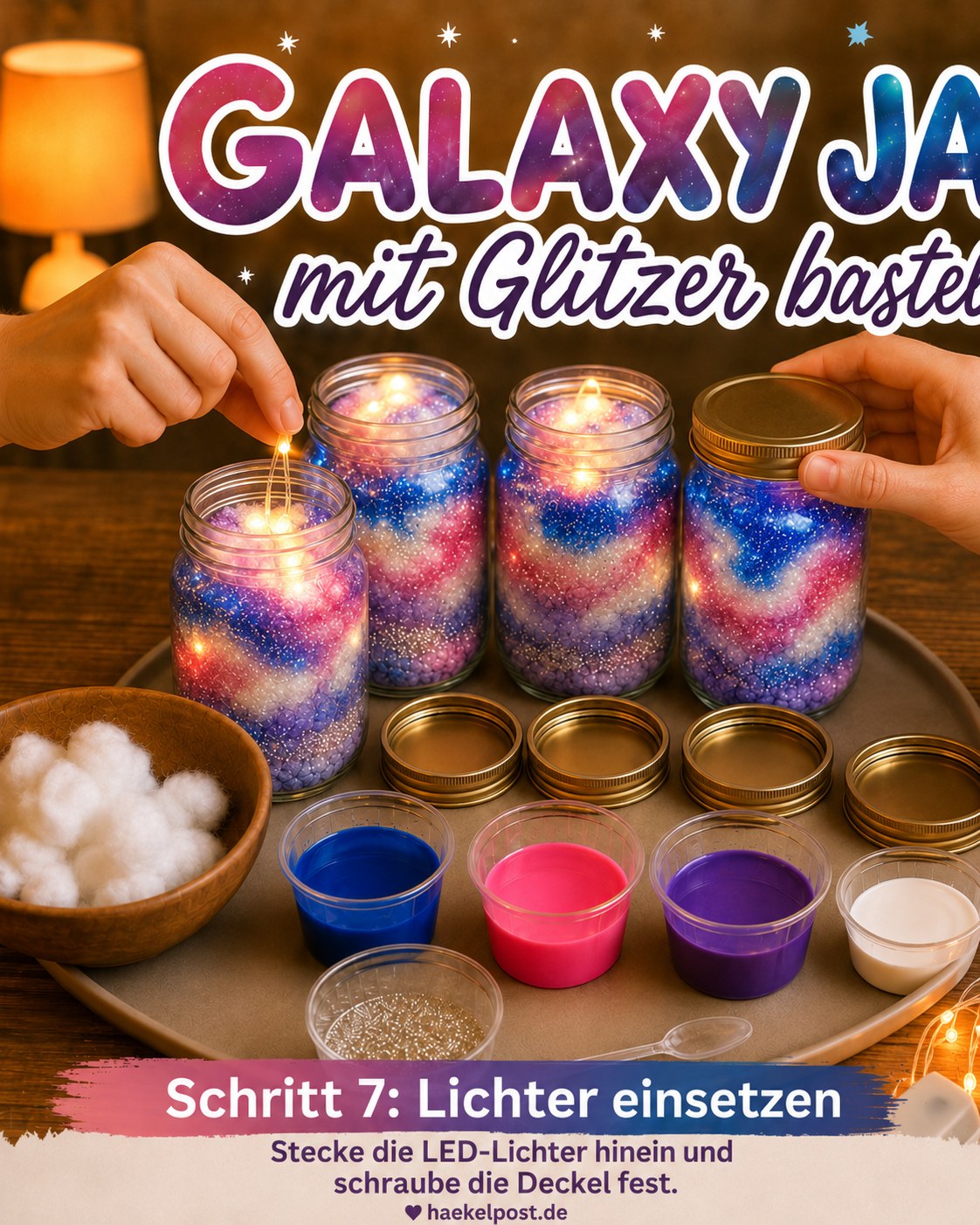 LED-Lichterketten werden in die Galaxy Jars gesteckt und die Deckel festgeschraubt