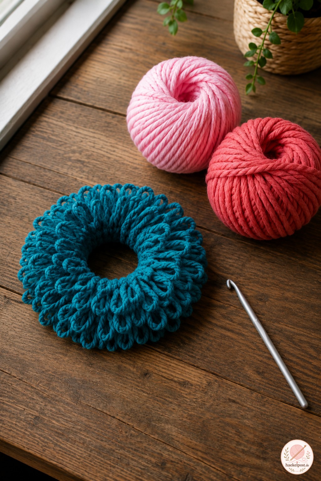 Fertige teale gekräuselte Scrunchie mit dichten Kräuselschlaufen liegt flach auf dem Holztisch