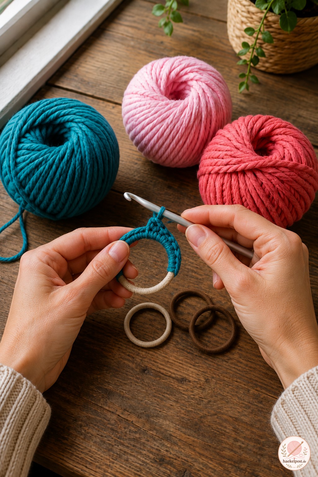 Hände umhäkeln ein dünnes Gummiband mit fester Masche als Grundlage für die gekräuselte Scrunchie