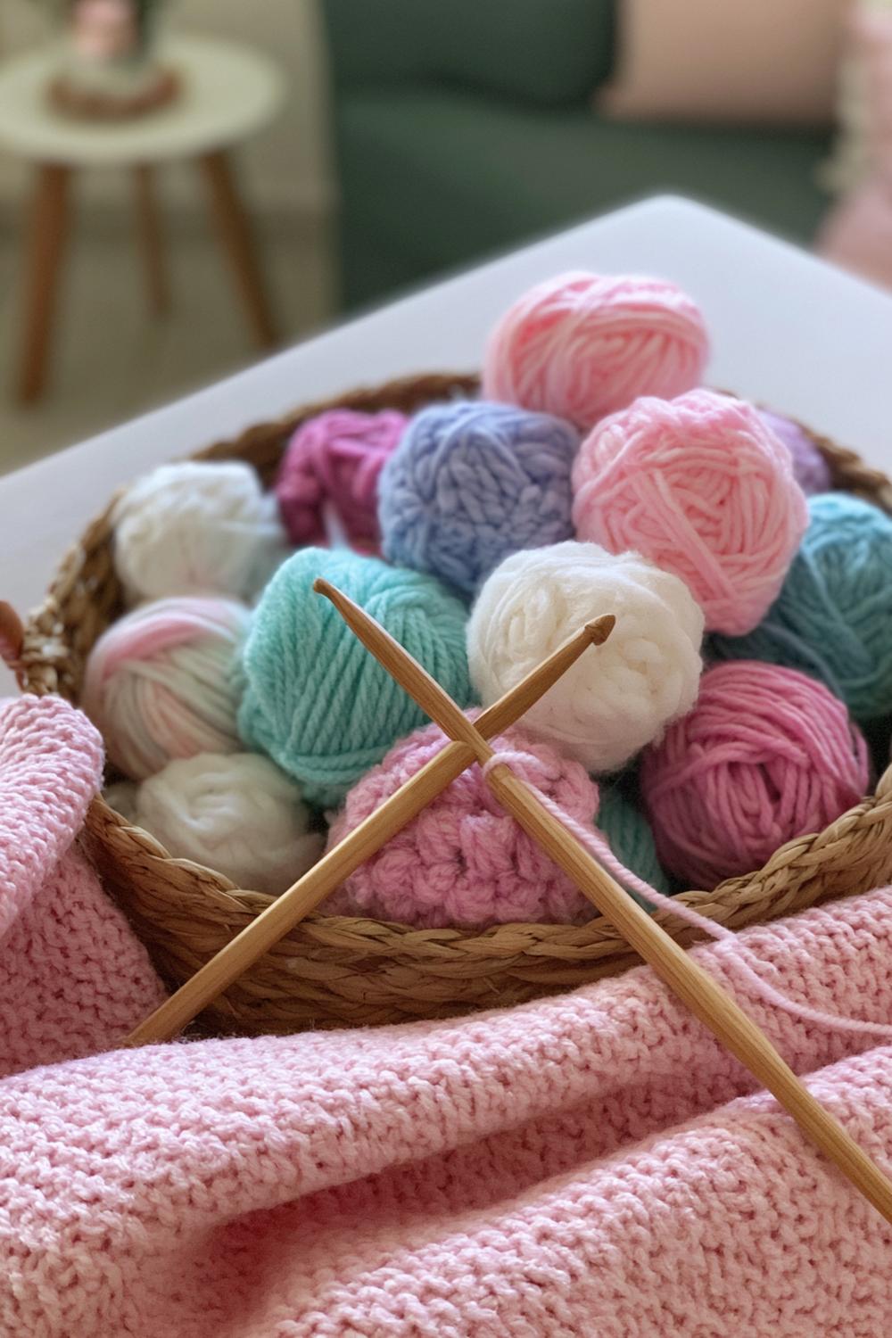 Bunte Wollknäuel im Korb