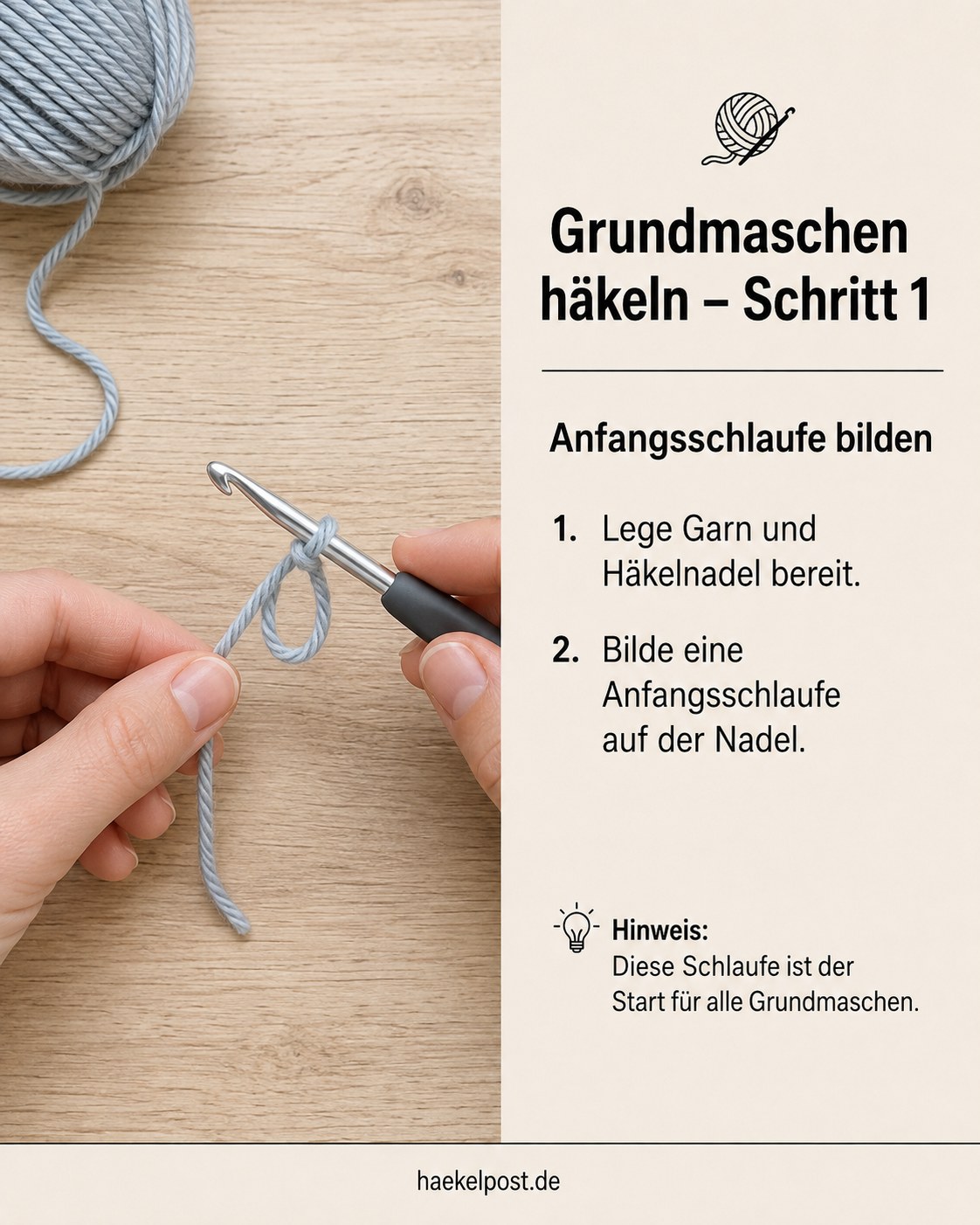 Hände formen die Anfangsschlaufe auf der Häkelnadel als ersten Schritt der Grundmaschen Übersicht