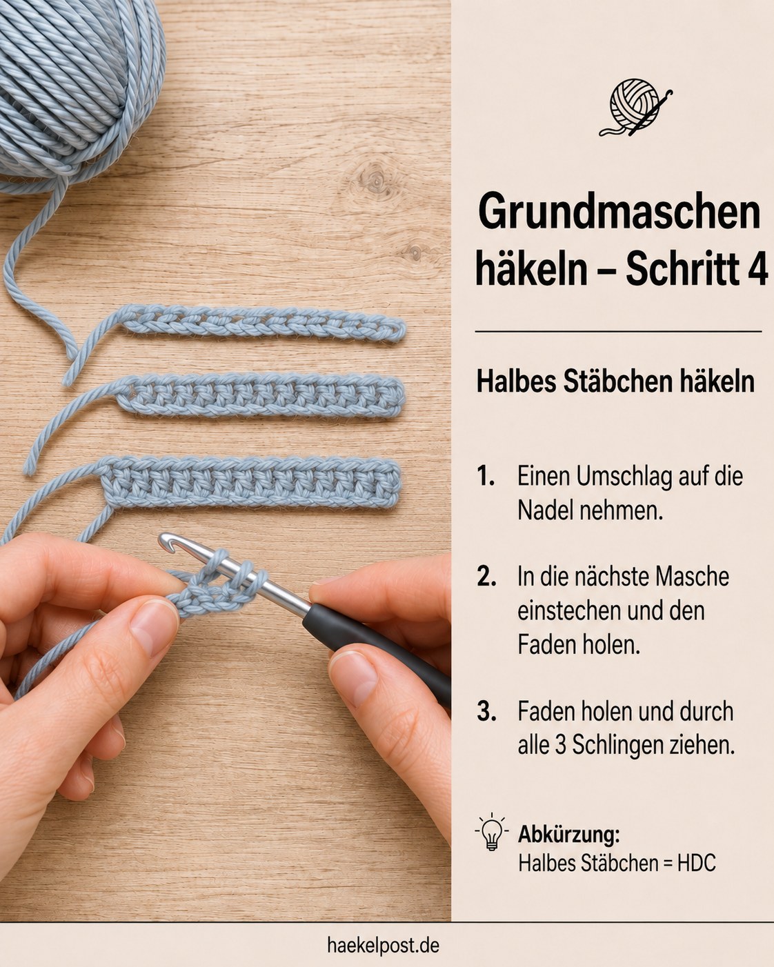 Halbes Stäbchen entsteht durch einen Umschlag und drei Schlingen auf der Nadel