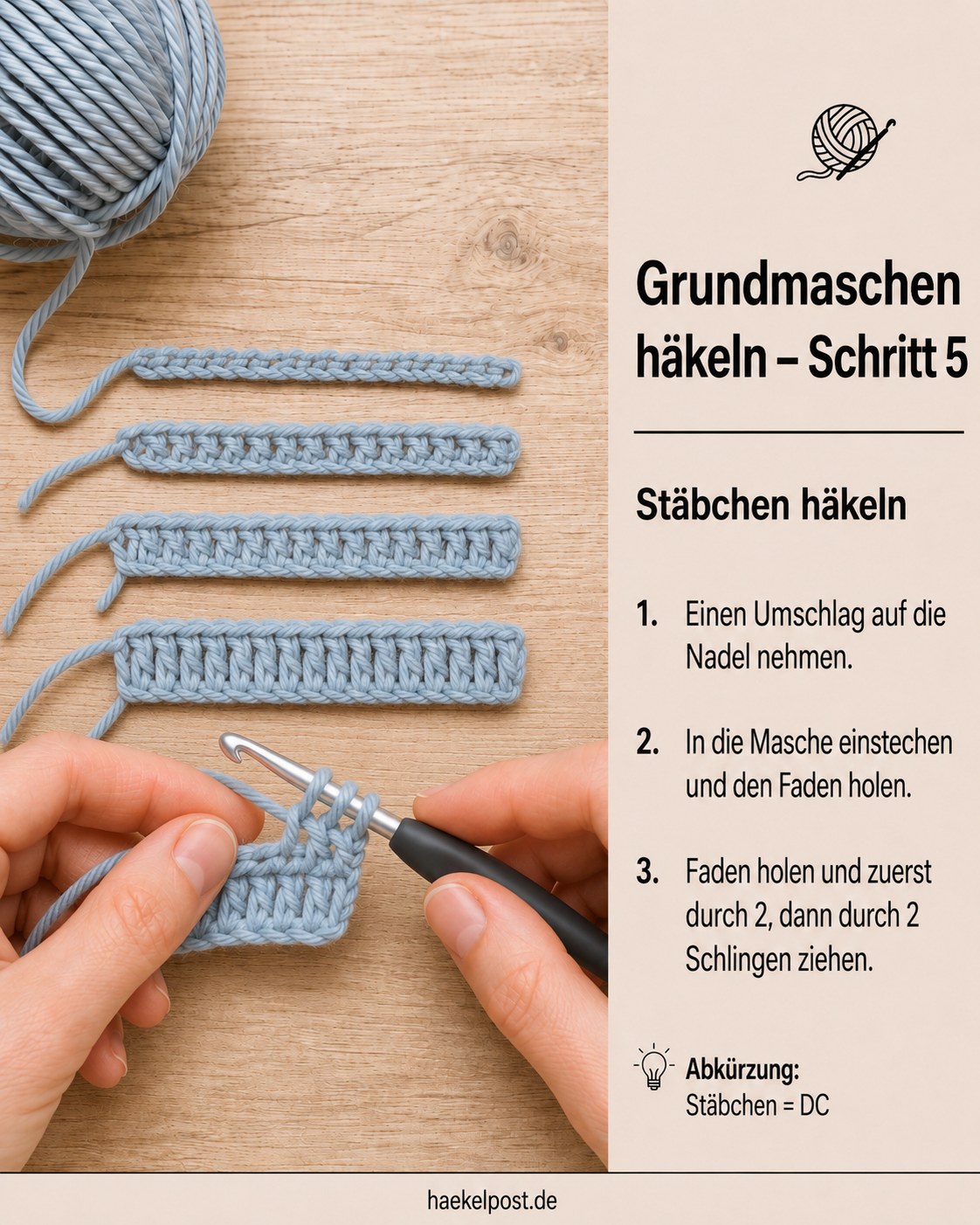 Stäbchen wird gehäkelt, luftiger und höher als feste Masche und halbes Stäbchen