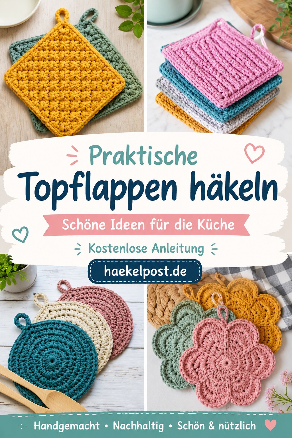 Vier bunte Topflappen-Varianten aus Baumwolle mit Granny- und Blütenmuster für die Küche