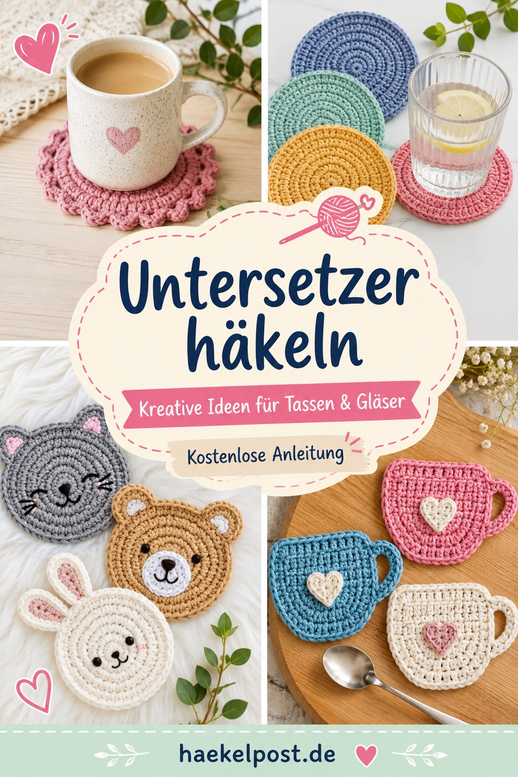 Gehäkelte Untersetzer in Tier- und Tassenform als Übung fürs Häkeln in Runden