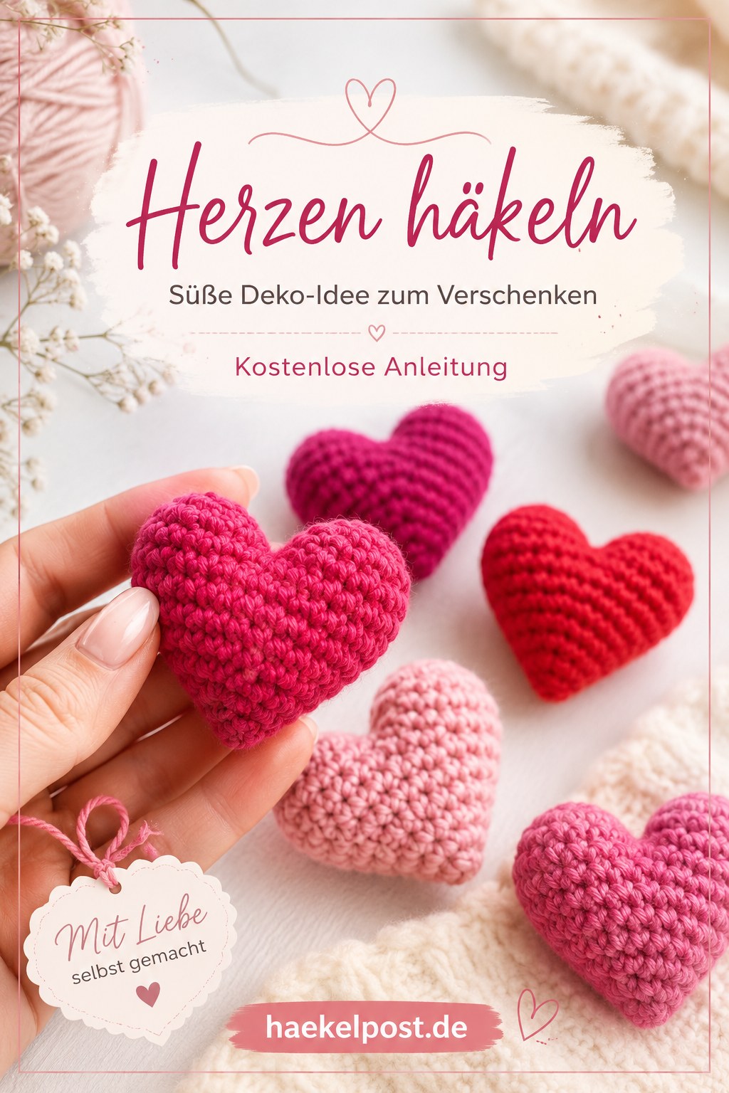 Handgehäkelte rosa und rote Herzen mit Füllwatte als süße Deko-Idee zum Verschenken