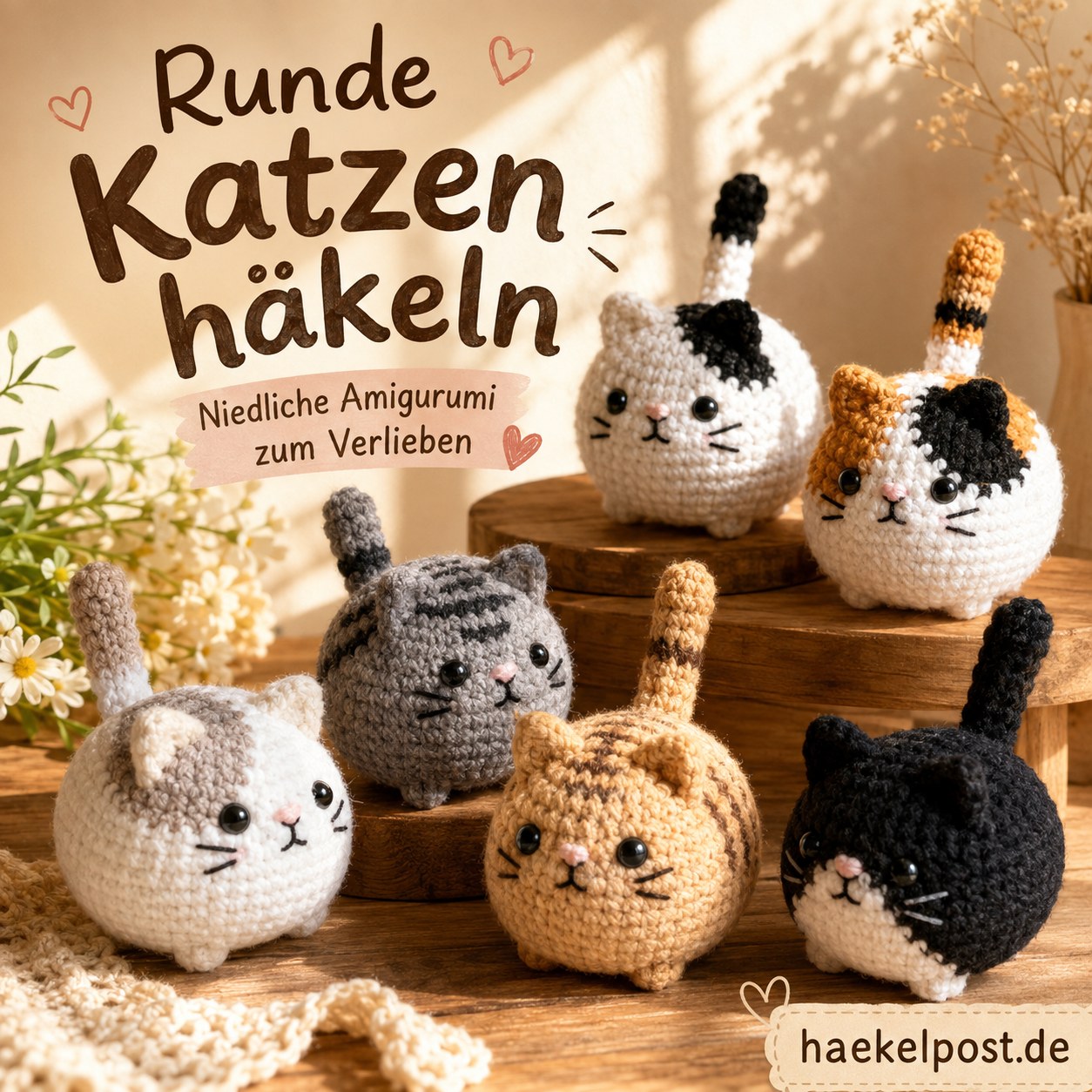 Fünf runde gehäkelte Mini-Katzen mit aufgestelltem Schwanz in Tabby-, Schwarzweiß- und Calico-Musterung sitzen zusammen.