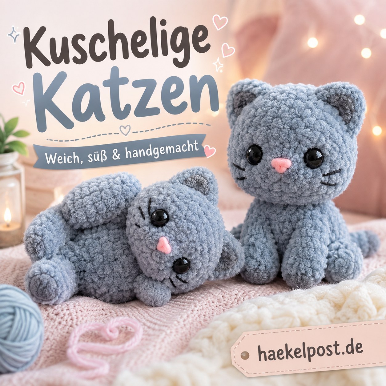 Zwei kuschelige Mini-Katzen aus Plüschgarn in Blaugrau liegen und sitzen auf einer gestrickten Decke.