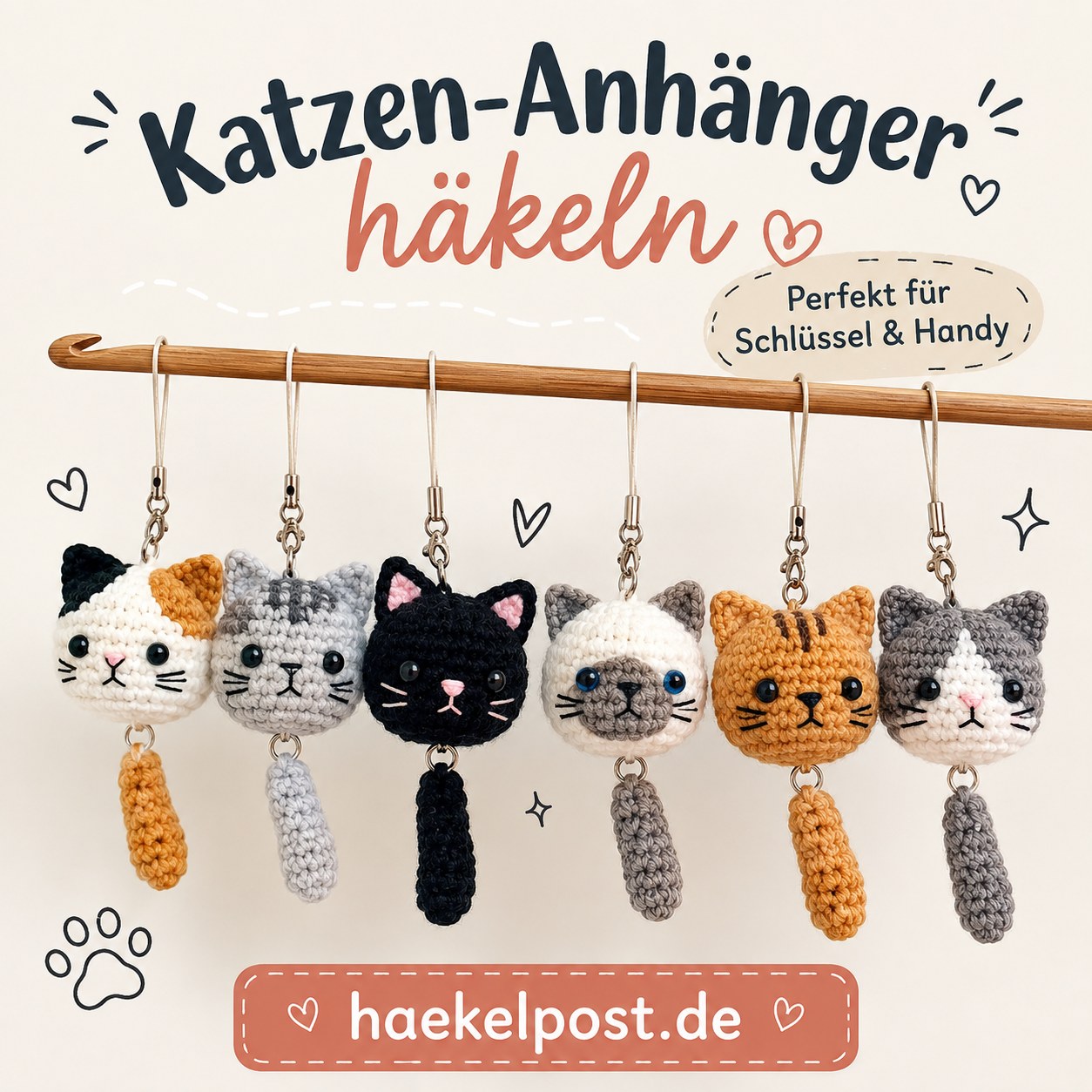 Sechs gehäkelte Katzen-Anhänger mit Schwanz hängen an einer Häkelnadel als Schlüssel- und Taschenanhänger.