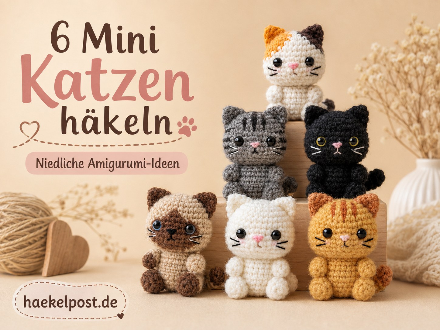 Sechs gehäkelte Mini-Katzen in unterschiedlichen Fellfarben stehen aufgereiht als Ideen zum Mini Katzen häkeln.