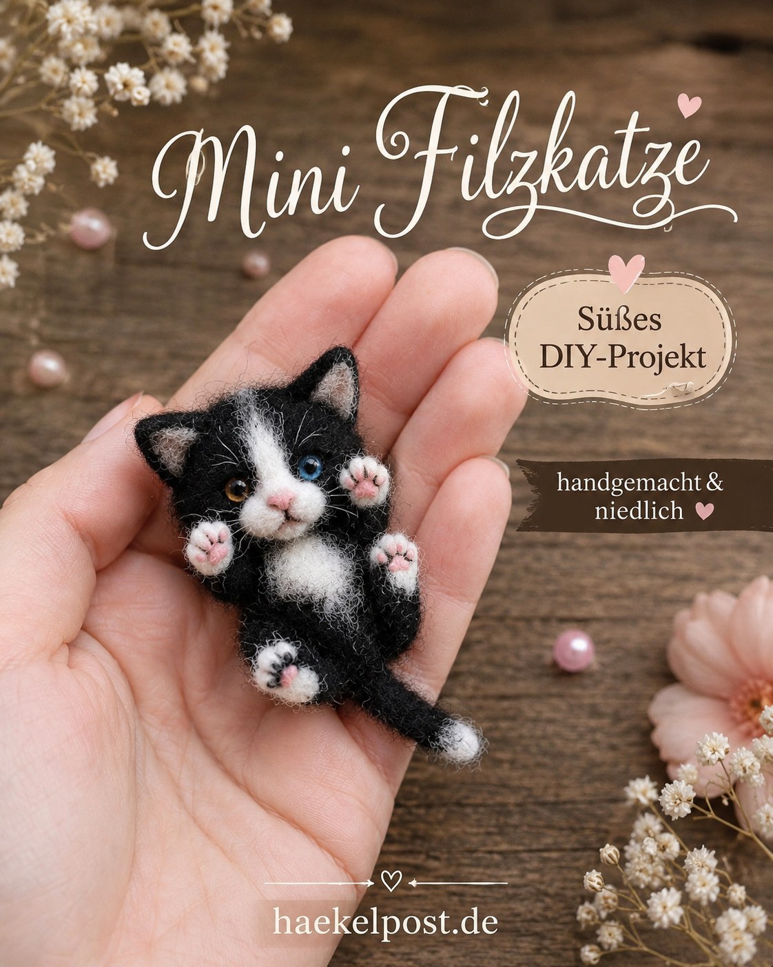 Eine winzige gefilzte Mini-Katze mit Schleckerpfoten liegt in einer Handfläche als kombiniertes Filz-Häkel-Projekt.