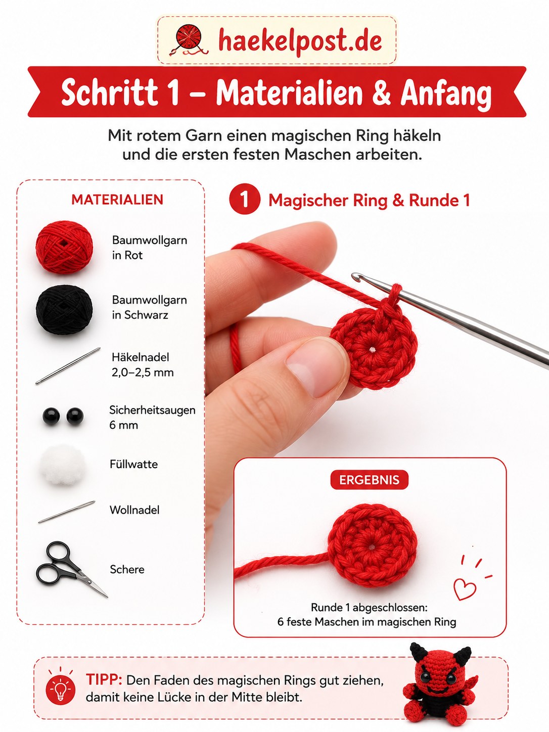 Magischer Ring und erste Runde für den Mini Teufel Amigurumi in rotem Baumwollgarn