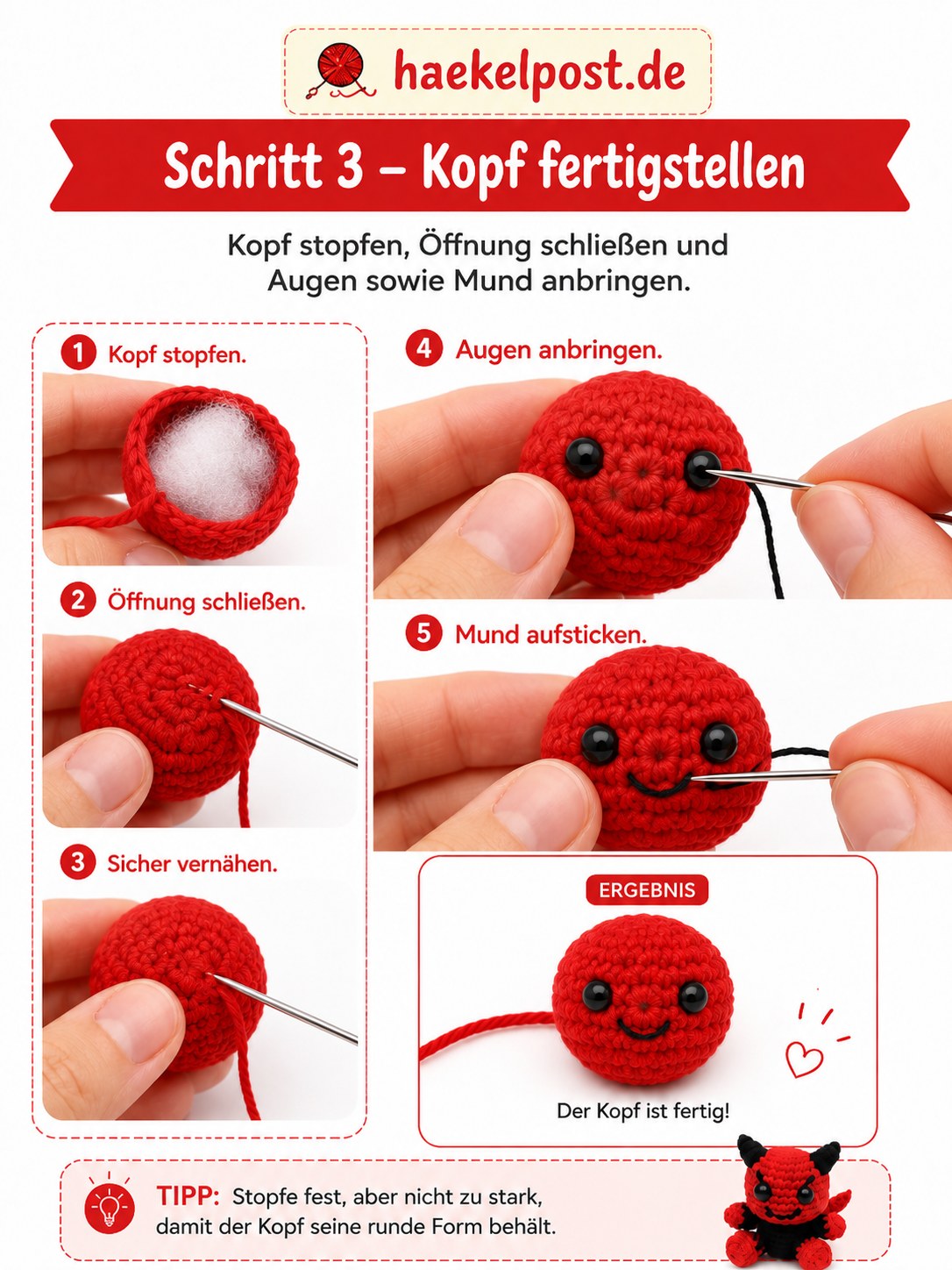 Gestopfter und vernähter Kopf des Mini Teufel Amigurumi mit Sicherheitsaugen und Mund