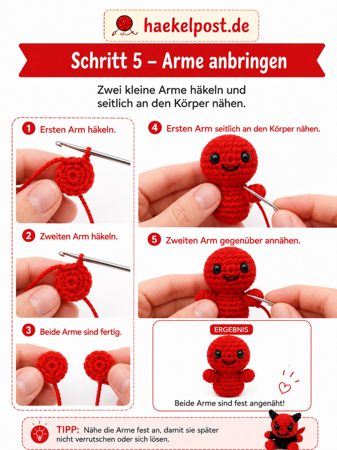 Zwei kleine Arme werden seitlich an den Körper des Mini Teufel Amigurumi genäht