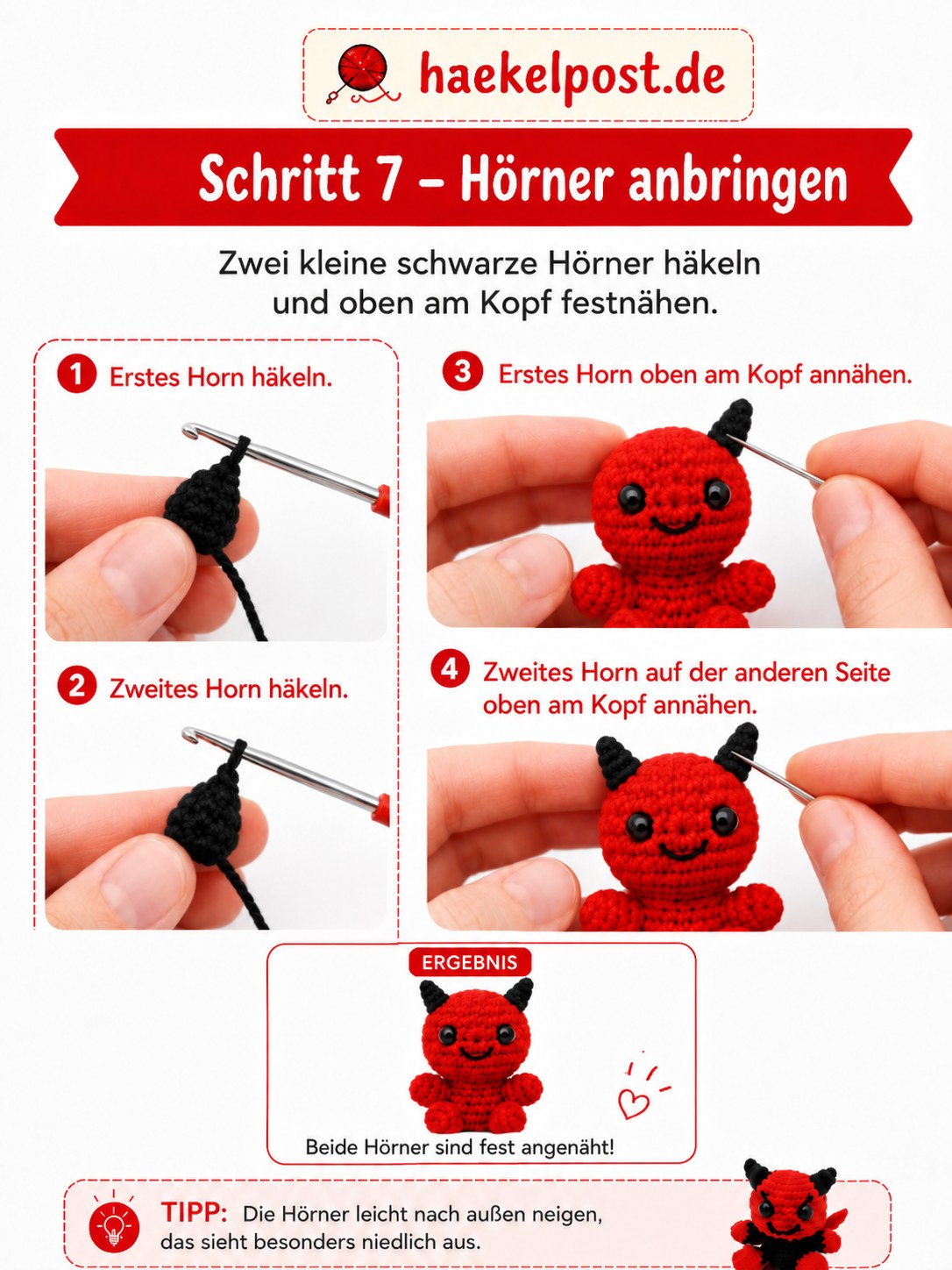 Schwarze Hörner werden oben am Kopf des Mini Teufel Amigurumi angenäht