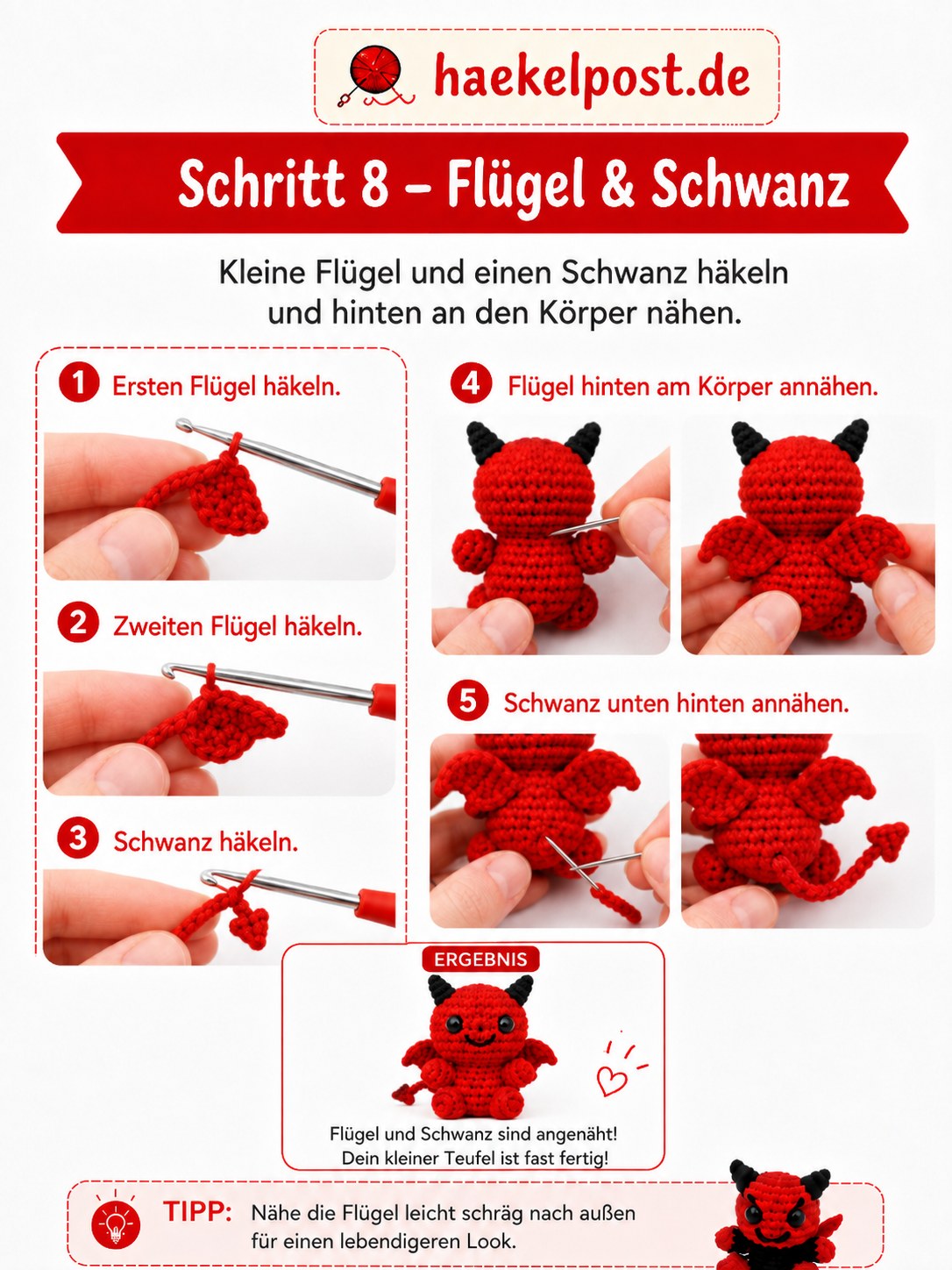 Flügel und Schwanz werden hinten an den Mini Teufel Amigurumi genäht