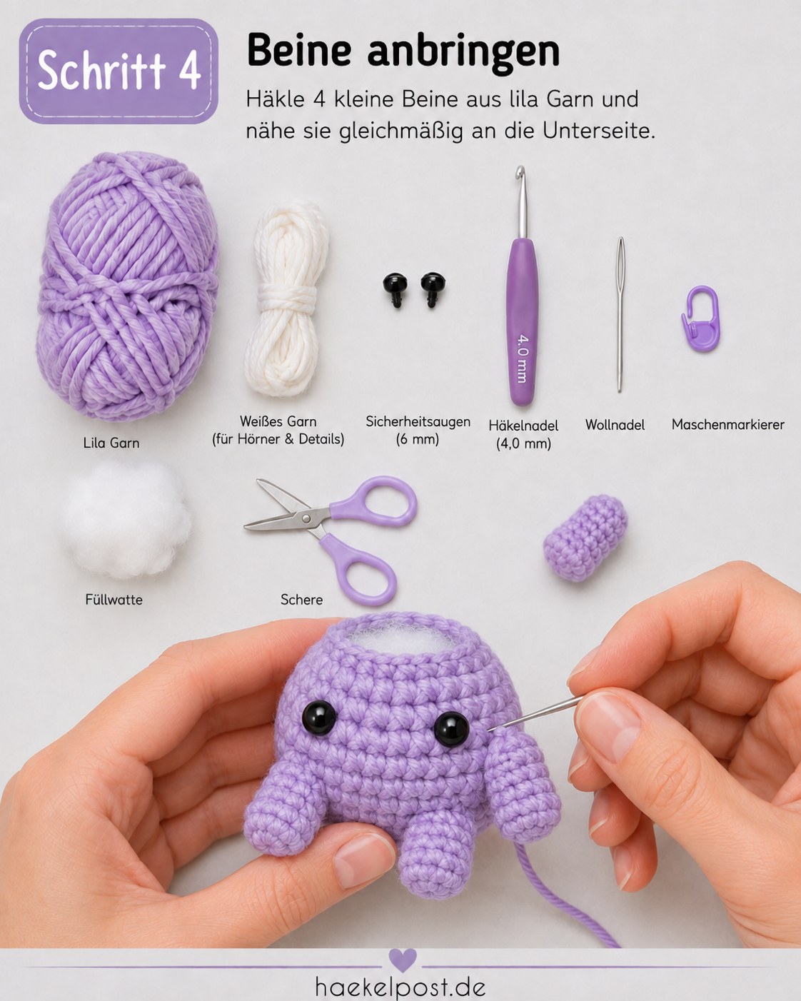 Vier kleine lila Beine liegen bereit, um sie an den Mini Triceratops anzunähen