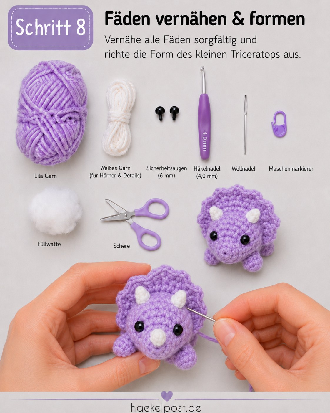 Letzte Fäden werden vernäht, während die Form des Mini Triceratops zurechtgedrückt wird