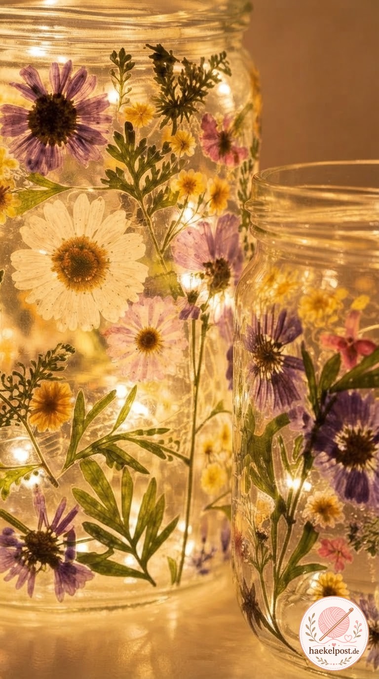 Gepresste Blumen im Lichterglas
