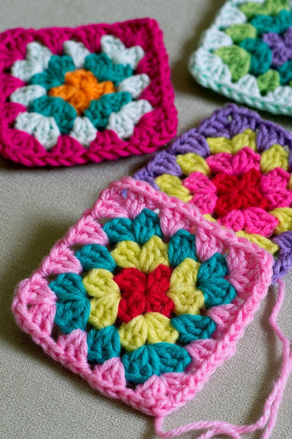 Bunte Häkelquadrate in Arbeit