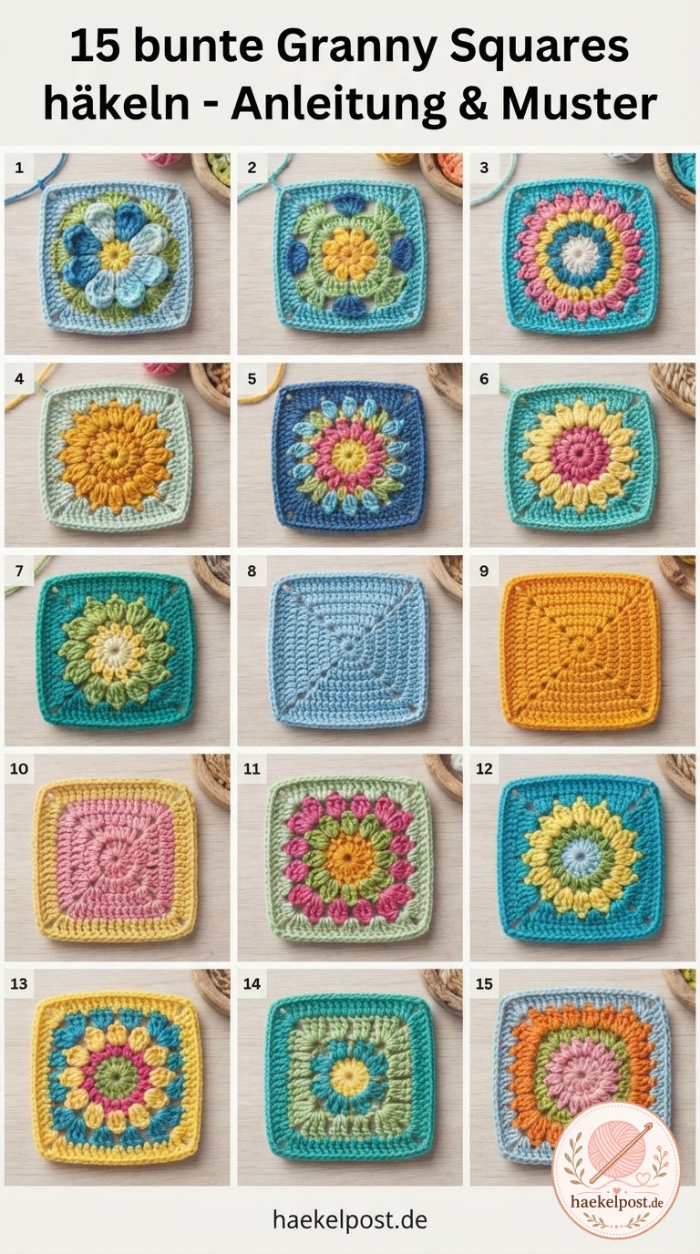 15 bunte Granny Squares häkeln - Anleitung & Muster