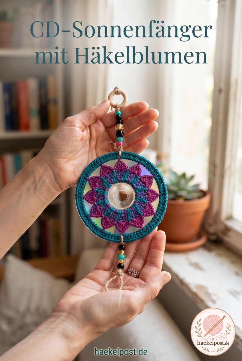 CD-Sonnenfänger mit Häkelblumen