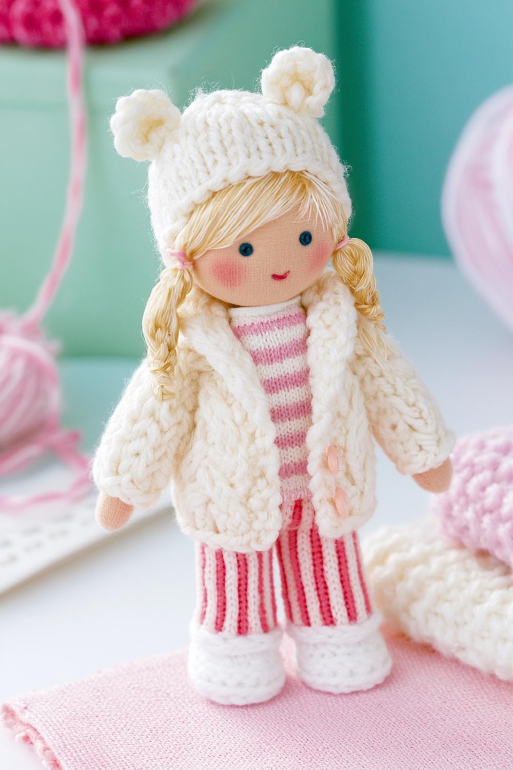 Gehäkelte Puppenjacke mit Bärenmütze