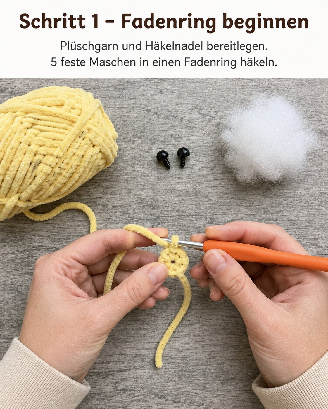 Hände häkeln fünf feste Maschen in einen Fadenring als Start dieser Stern Amigurumi Häkelanleitung für Anfänger