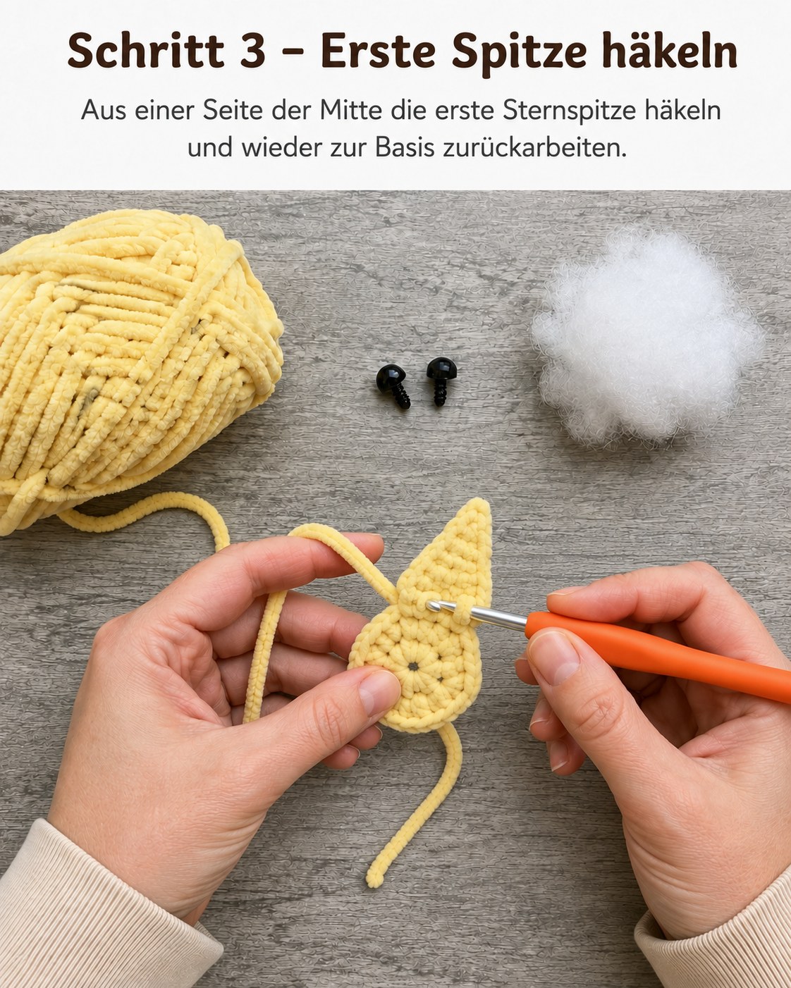 Die erste Zacke des Amigurumi Sterns wird gehäkelt und zur Basis zurückgearbeitet