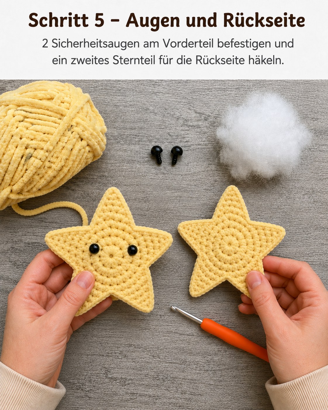 Sicherheitsaugen werden am lächelnden Sterngesicht befestigt, daneben liegt das zweite Sternteil für die Rückseite