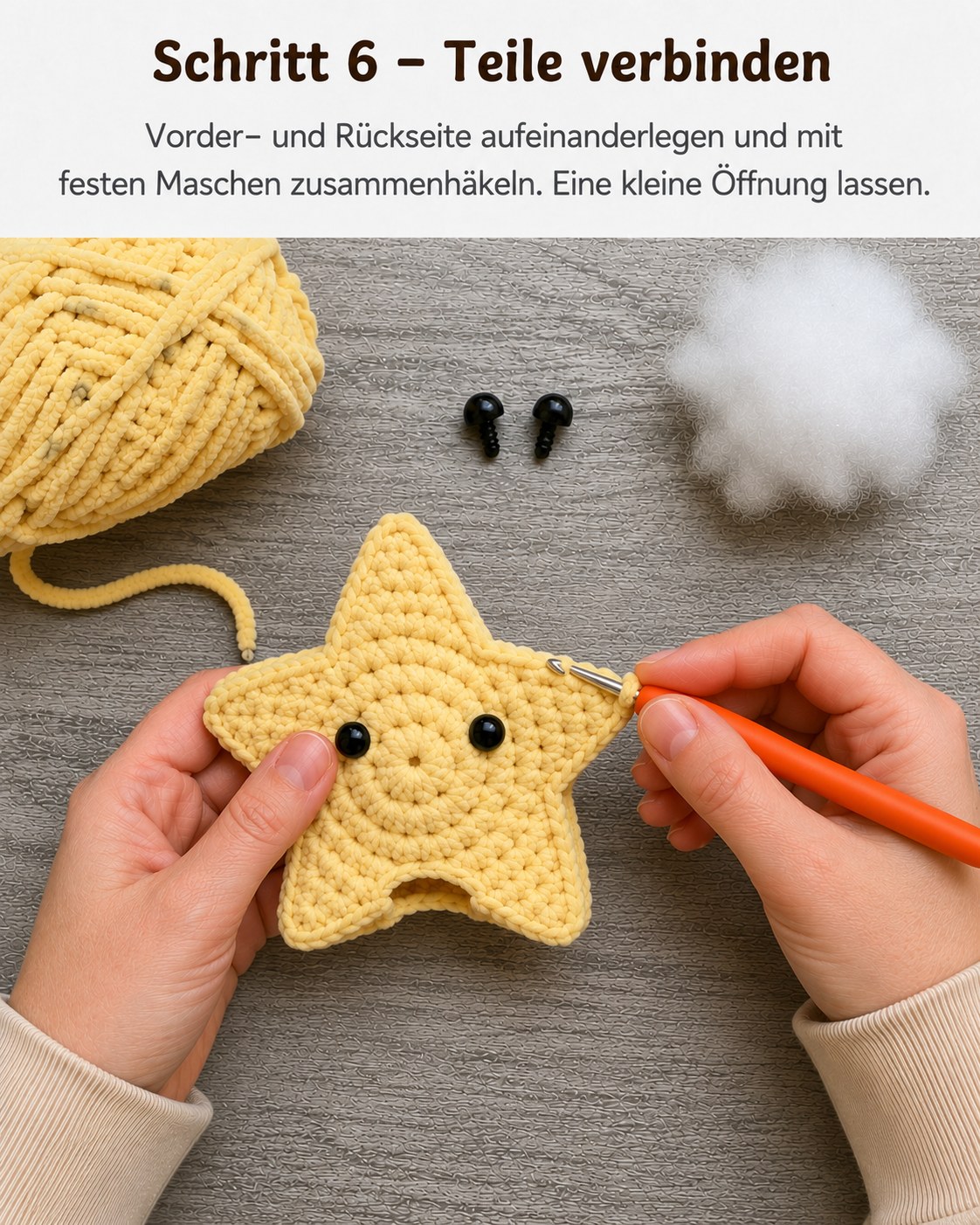 Vorder- und Rückseite des Amigurumi Sterns werden mit festen Maschen zusammengehäkelt, eine Öffnung bleibt offen
