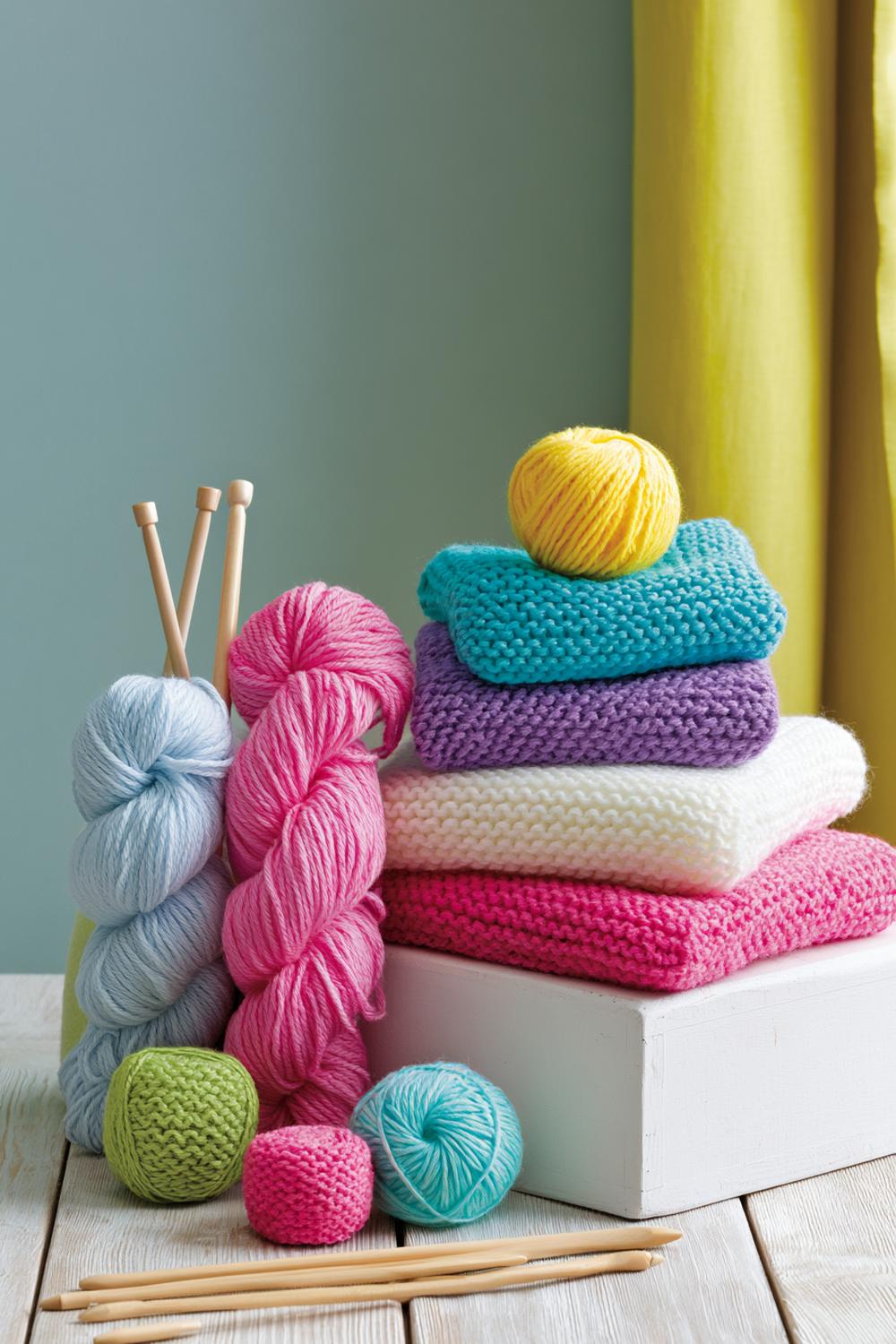 Farbenfrohe Strickutensilien arrangiert