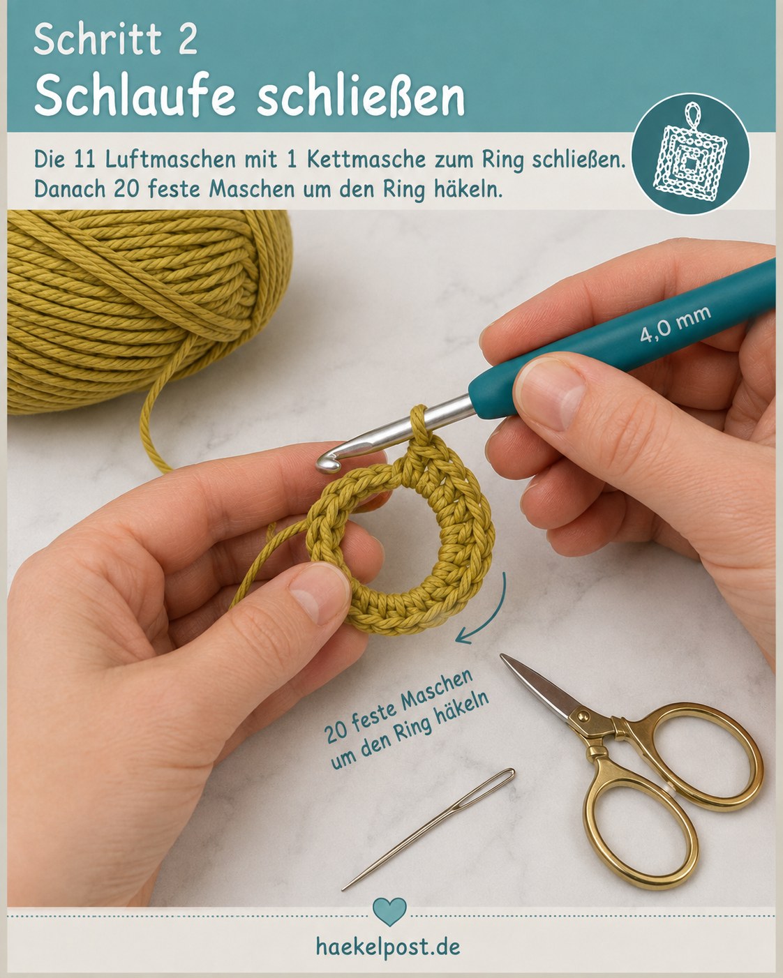 Beim Topflappen häkeln quadratisch wird die Luftmaschenkette mit Kettmasche zum Ring geschlossen