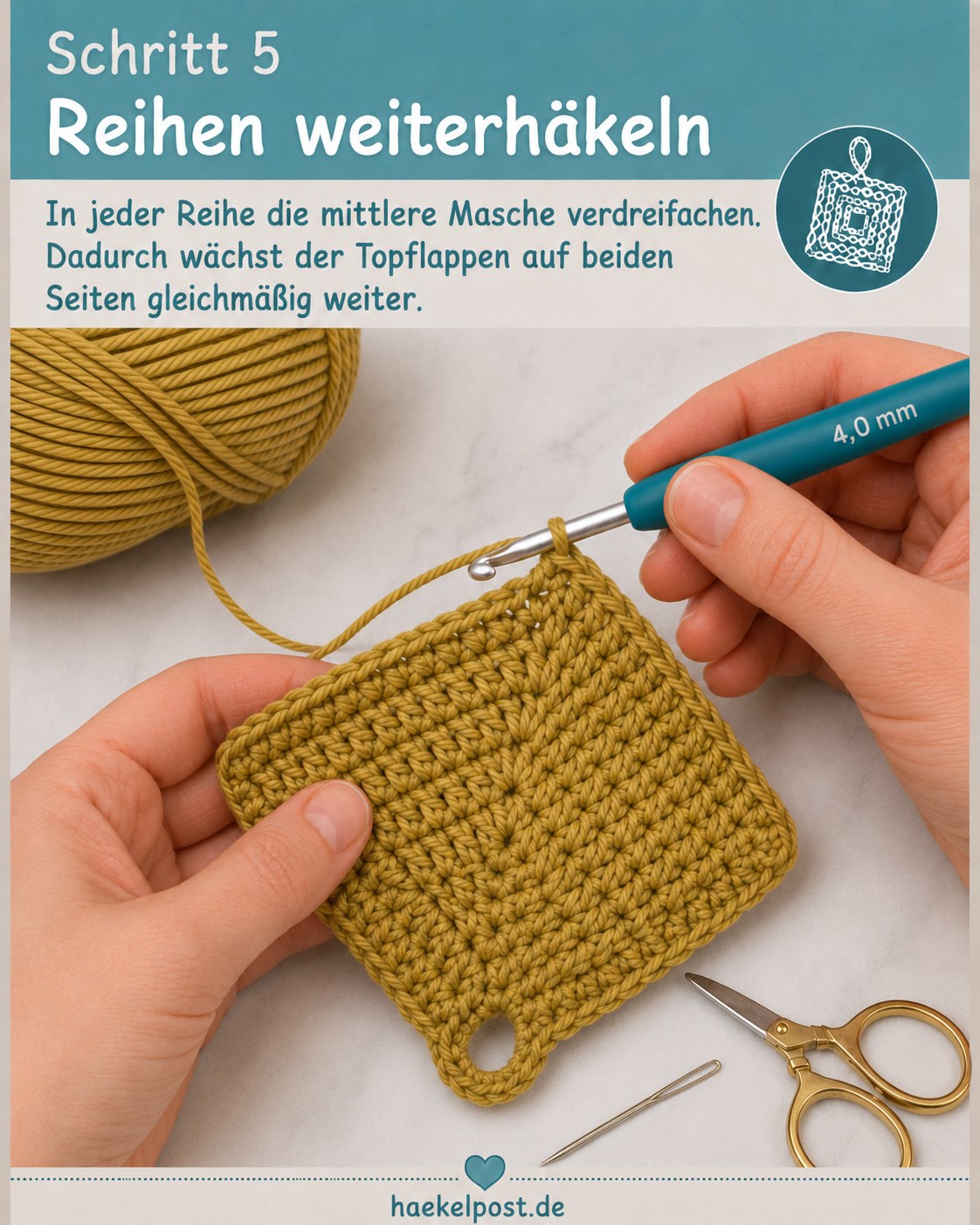 Mittlere Masche wird verdreifacht, damit der quadratische Topflappen gleichmäßig weiterwächst