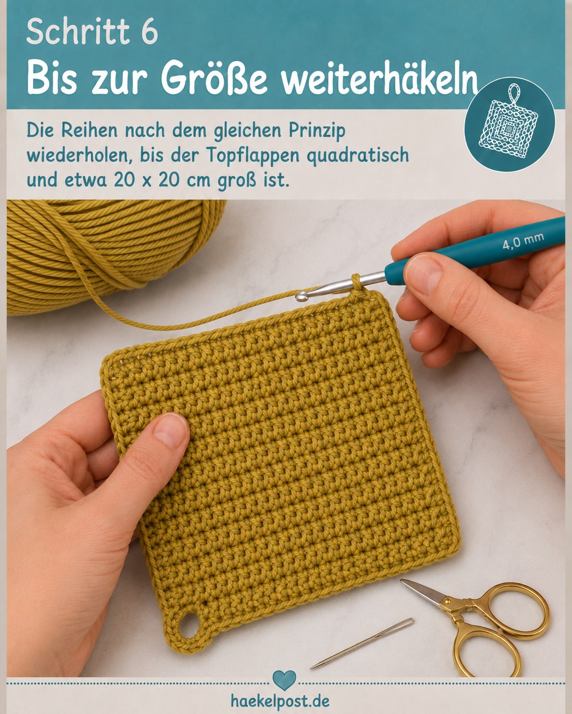 Quadratischer Topflappen wächst beim Häkeln Reihe für Reihe auf etwa 20 x 20 Zentimeter heran