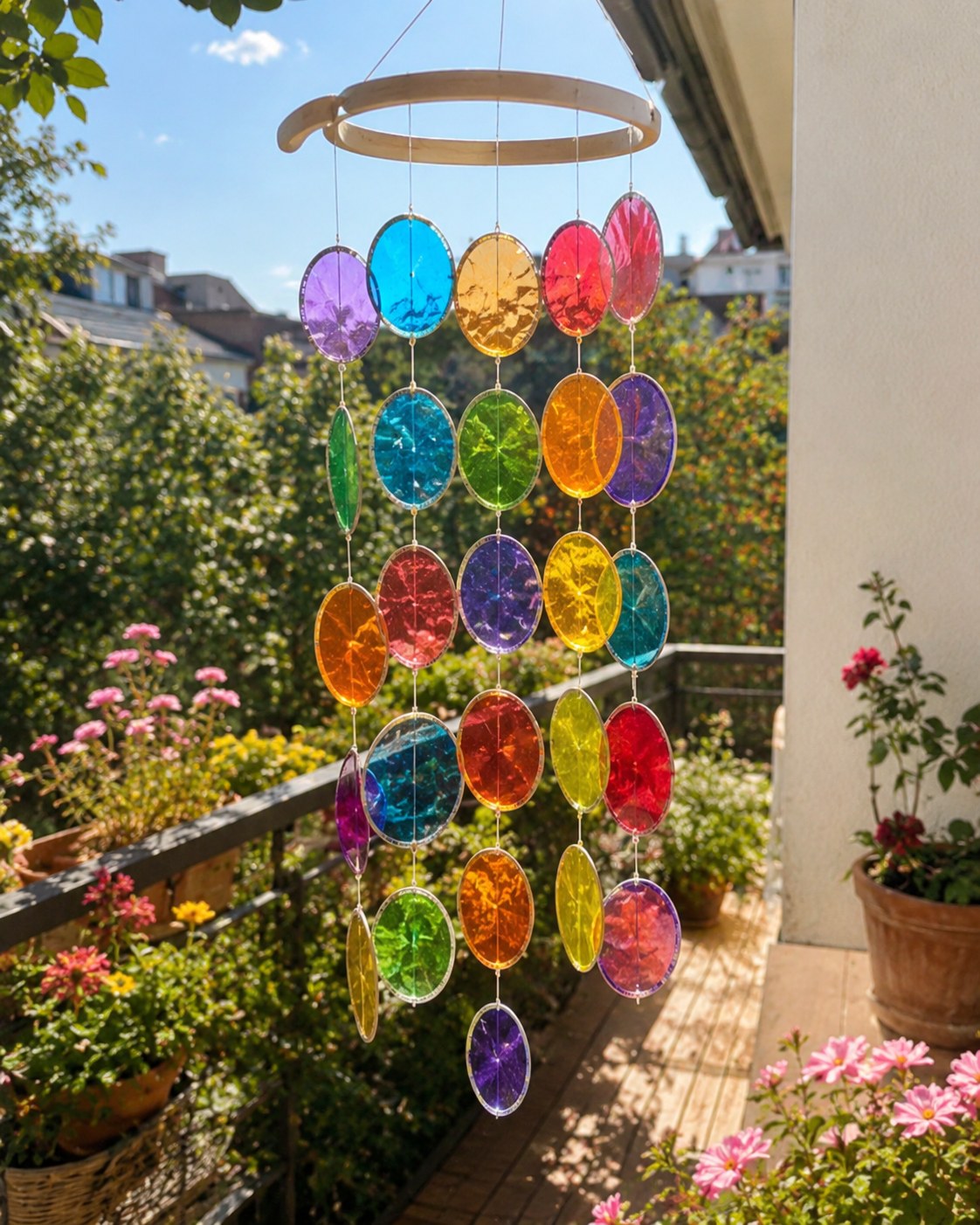 Windspiel mit bunten transparenten Scheiben an einem Holzring auf dem Balkon