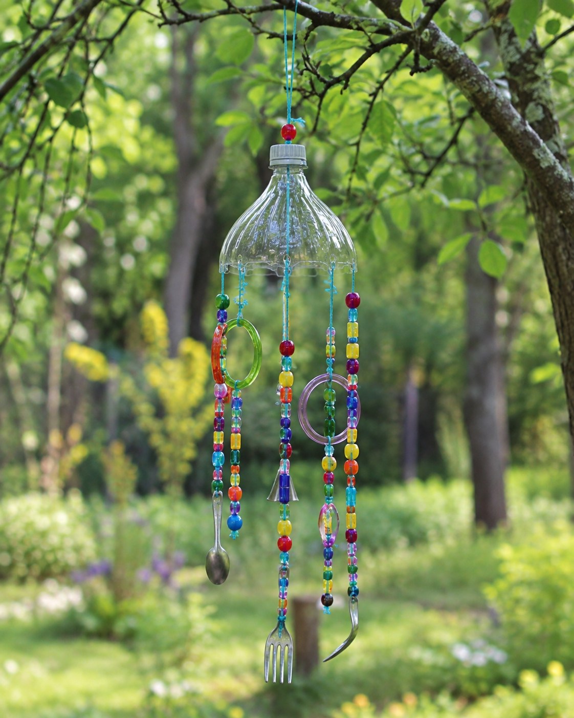 Windspiel aus einer Flasche mit bunten Perlen sowie Löffel und Gabel als Klöppel