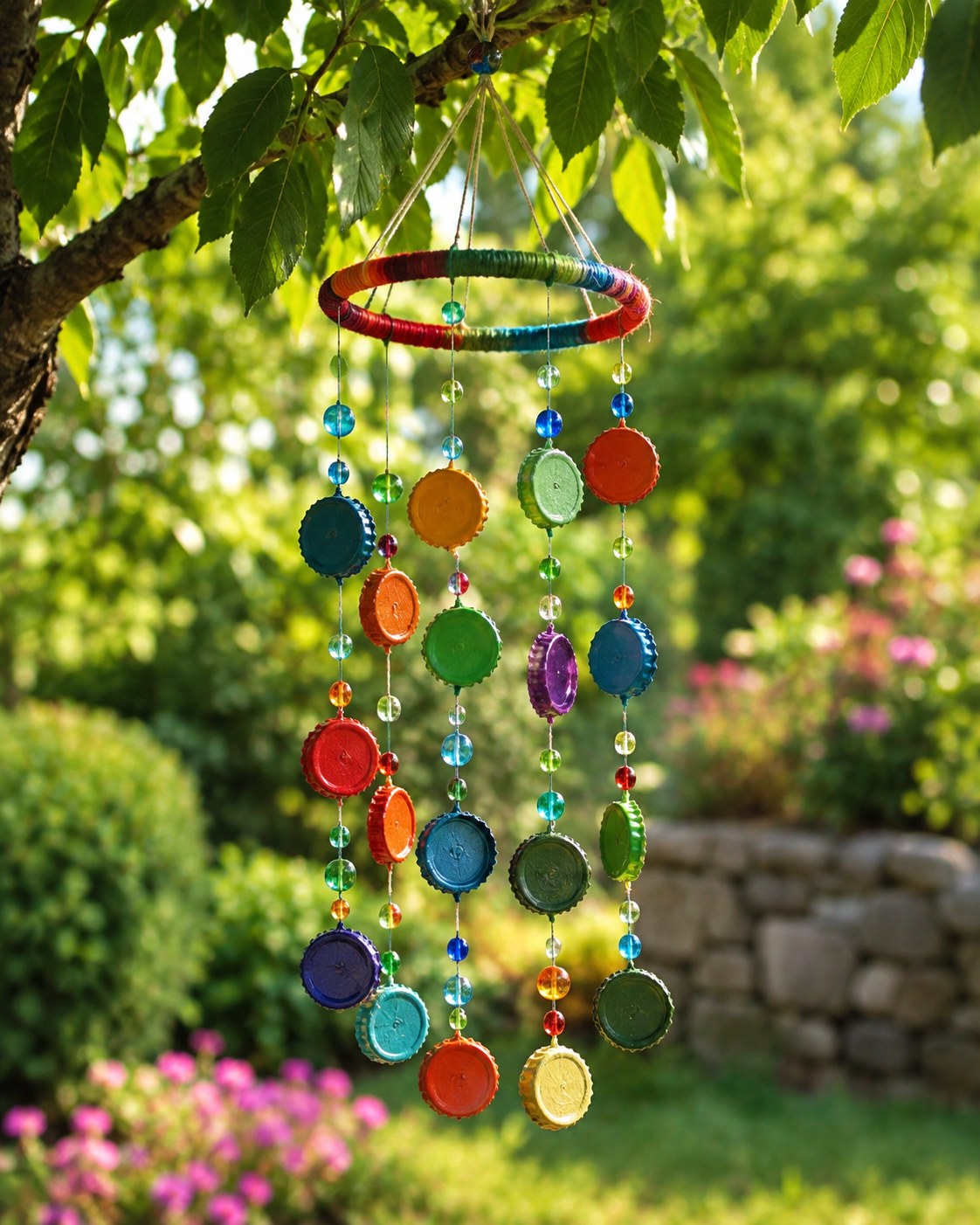 Windspiel basteln mit wollumwickeltem Ring, Kronkorken und farbigen Glasperlen