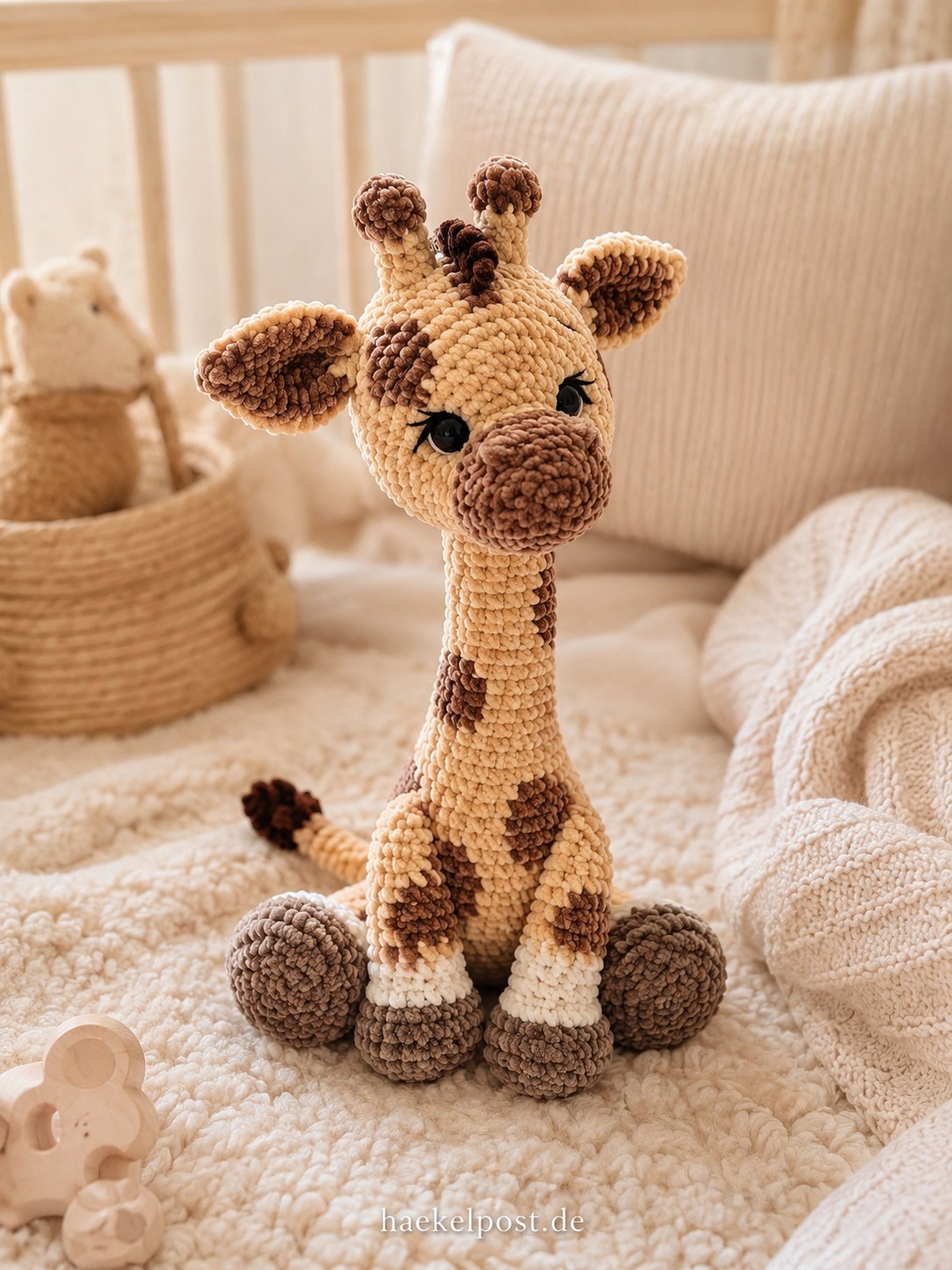 Sitzende Baby-Giraffe als Amigurumi-Zootier mit gefleckter Musterung fürs Kinderzimmer