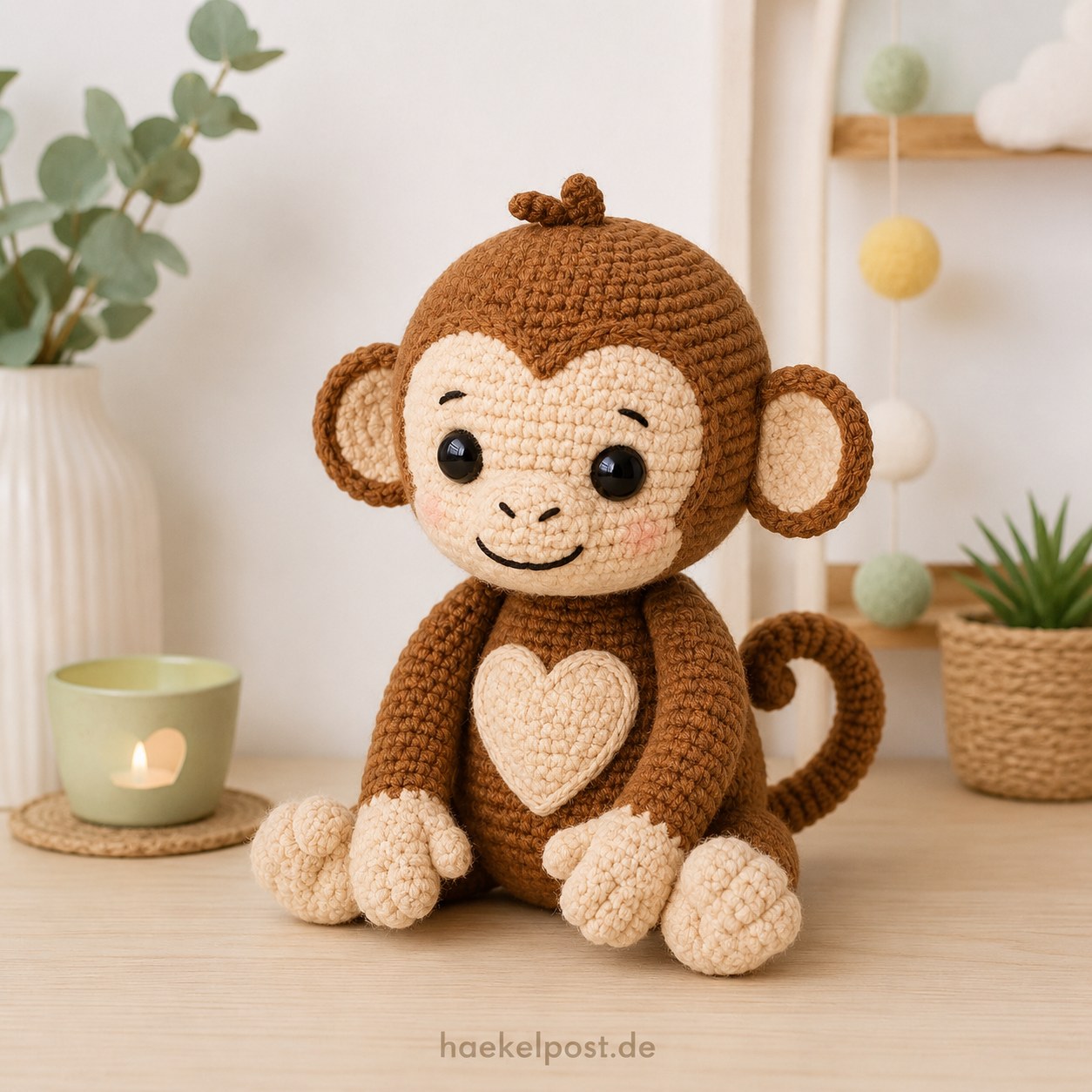 Amigurumi-Affe mit gehäkeltem Herz auf dem Bauch als persönliches Zootier-Geschenk