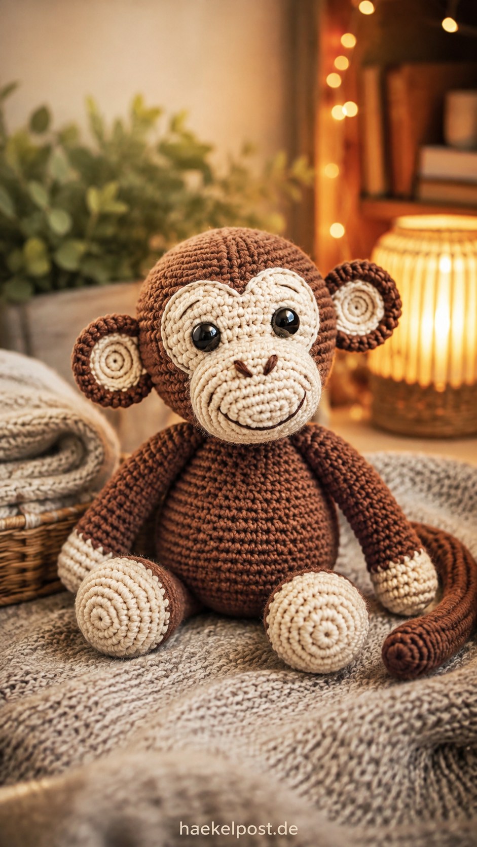 Kuscheliger Affe aus der Amigurumi-Zootier-Serie mit langen Armen und geripptem Bauch