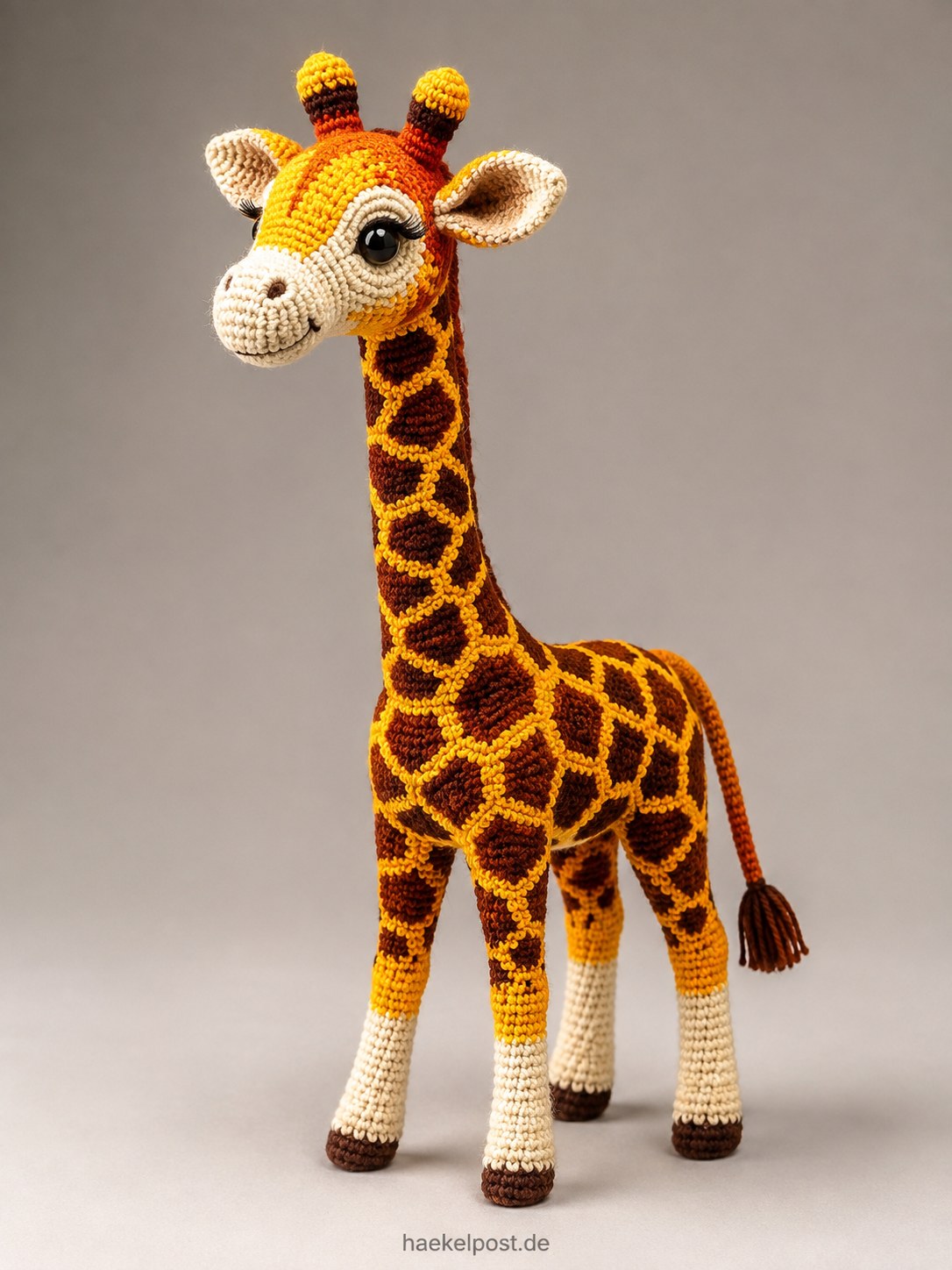 Stehende Amigurumi-Giraffe mit detailreichem Fleckenmuster als anspruchsvolles Zootier