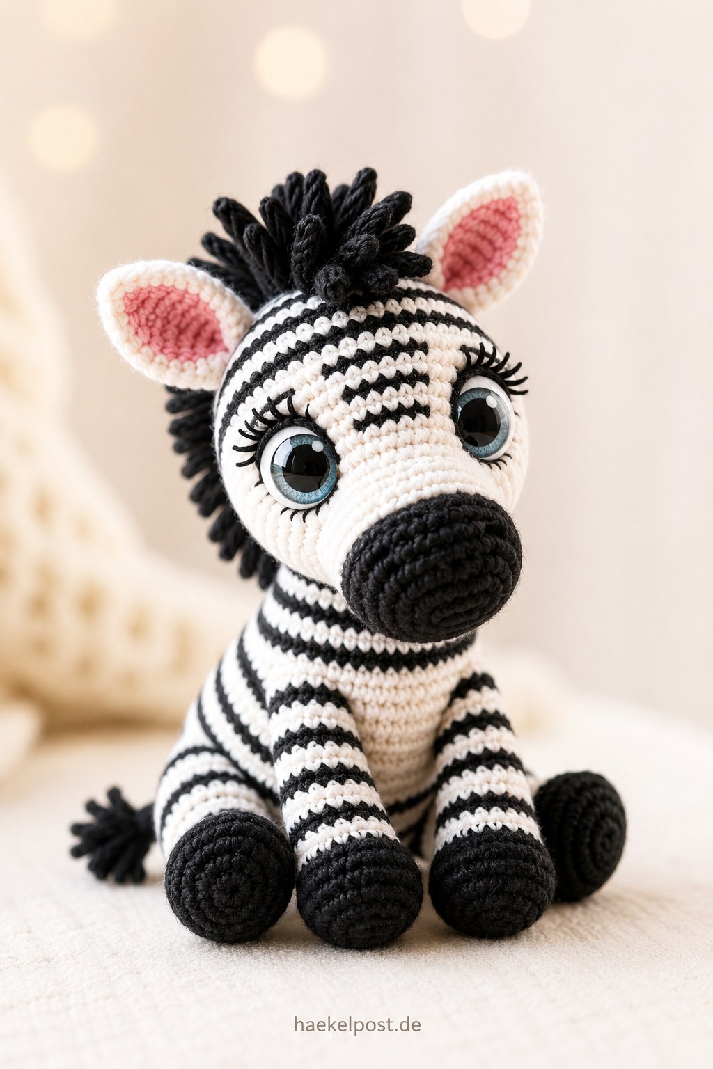 Zebra-Amigurumi mit gestreiftem Fell, Wimpern und Mähne als sitzendes Zootier gehäkelt